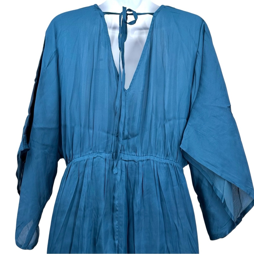 Strut & Bolt Women’s S Midnight Blue Satin Midi V-Neck Dress NWT Flare Sleeves - Picture 6 of 13